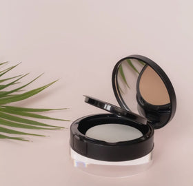 Gabriel Cosmetics Deep Beige Pressed Mineral Powder Foundation in makeup bag