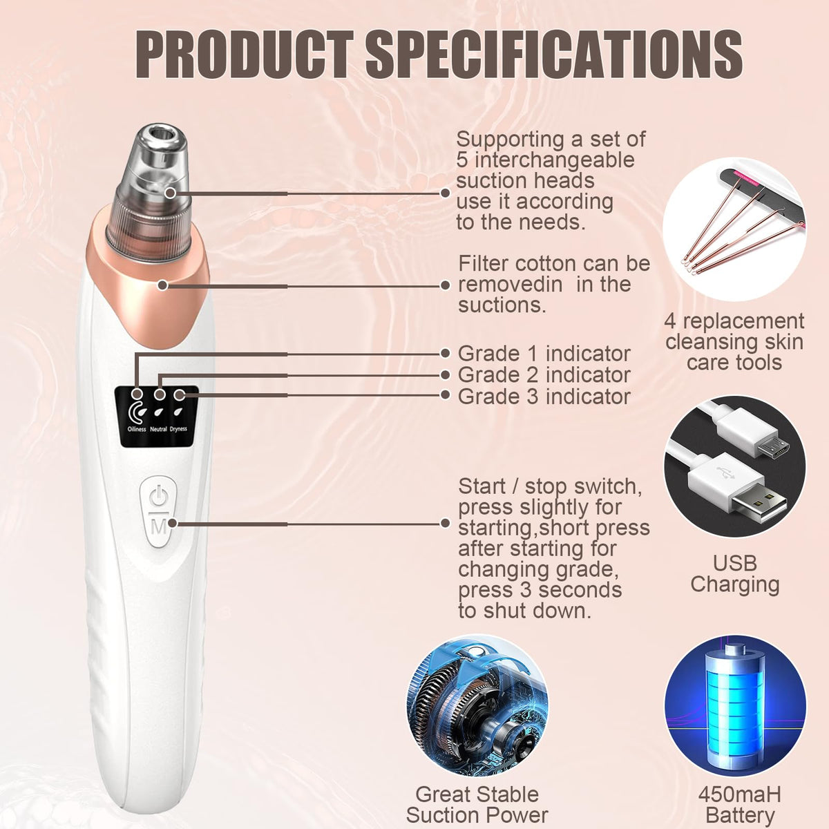 Gackoko Blackhead Remover Pore Vacuum with included suction probes