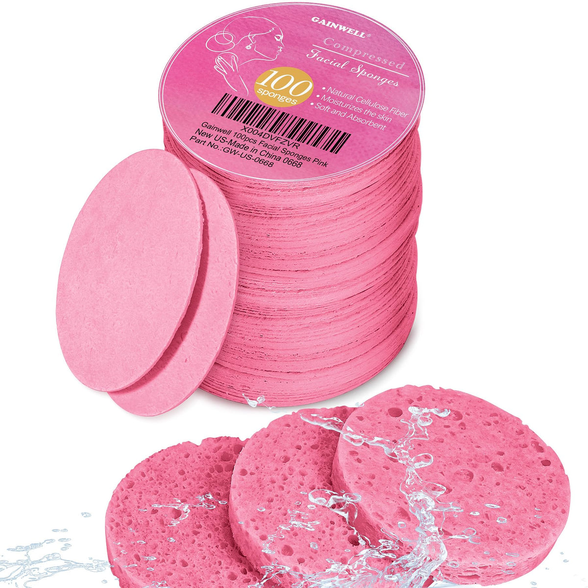 GAINWELL 100PCS Compressed Facial Sponges in pink packaging
