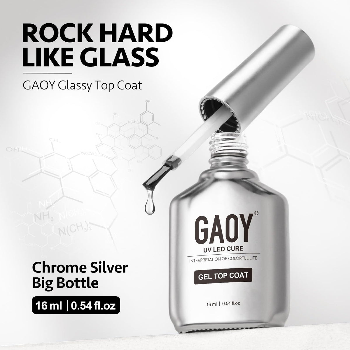 GAOY 16ml Glassy Gel Top Coat bottle with brushed stainless steel design