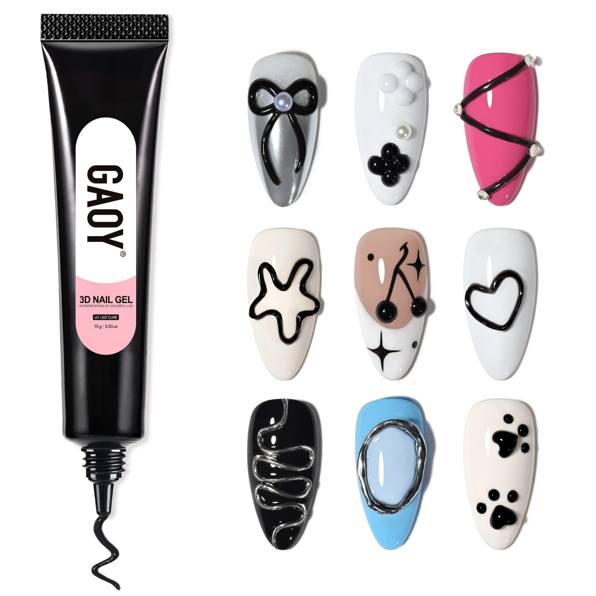 GAOY Black 3D Nail Gel 15g tube front view