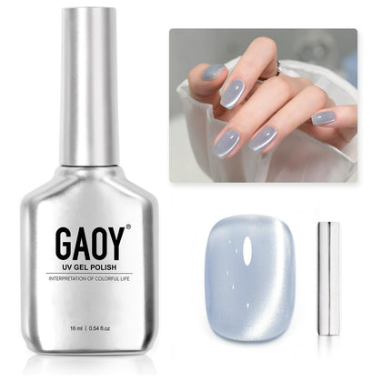 GAOY Blue Glassy Cat Eye Gel Nail Polish front view with glitter