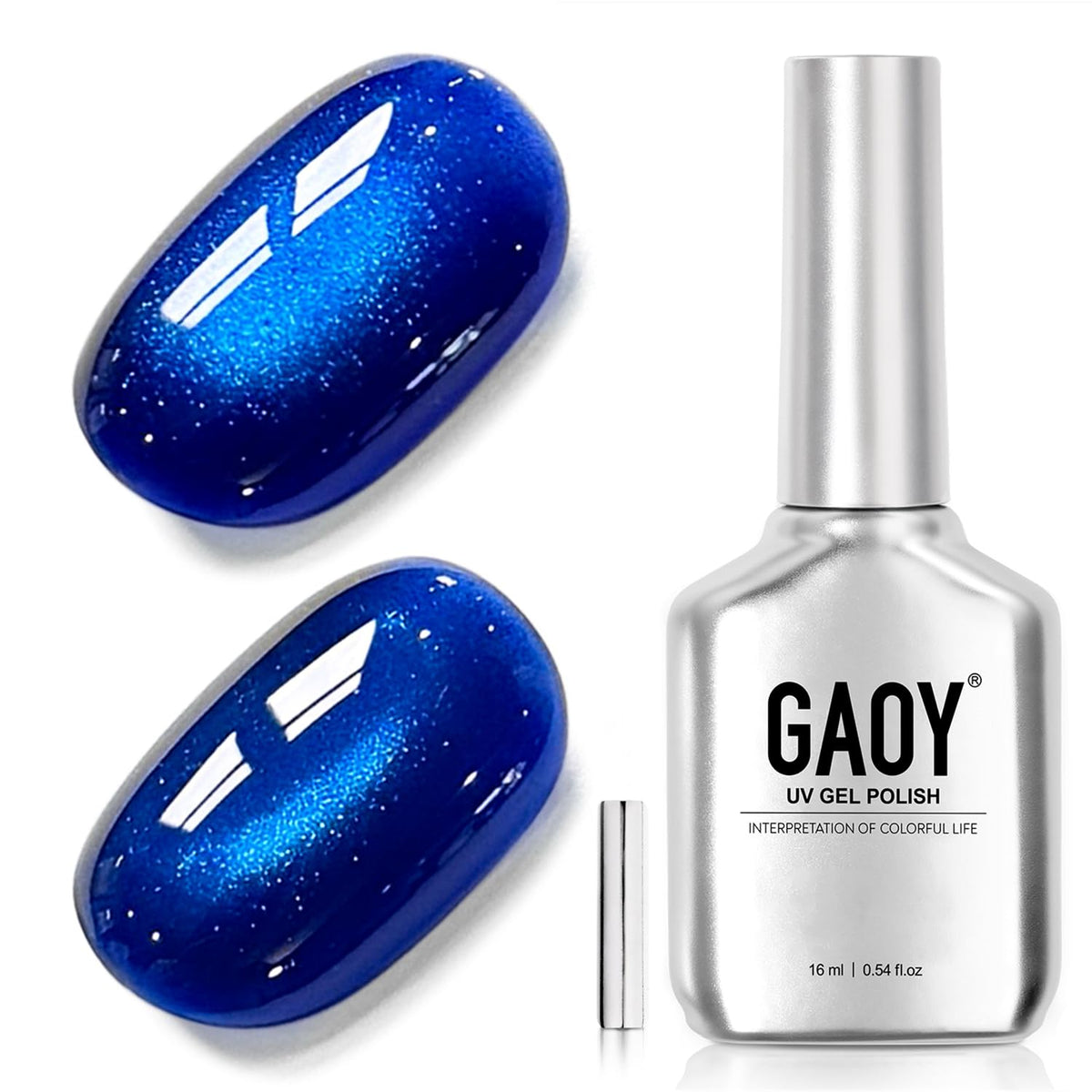 GAOY Blue Glassy Cat Eye Gel Nail Polish front view with holographic finish