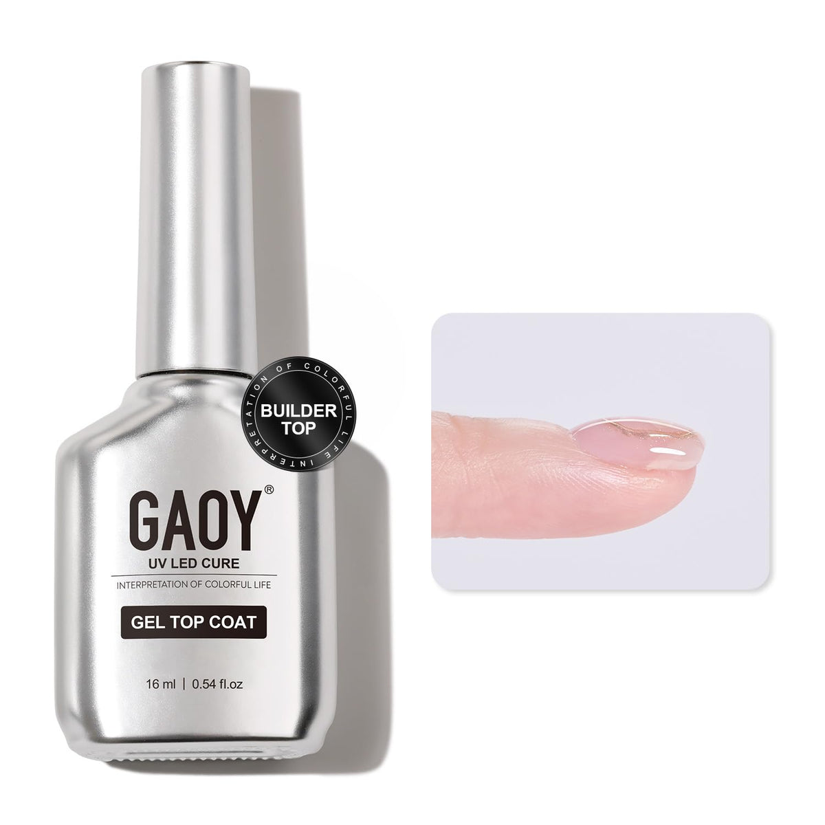 GAOY Builder Top Coat Gel 16ml front view with chrome silver design