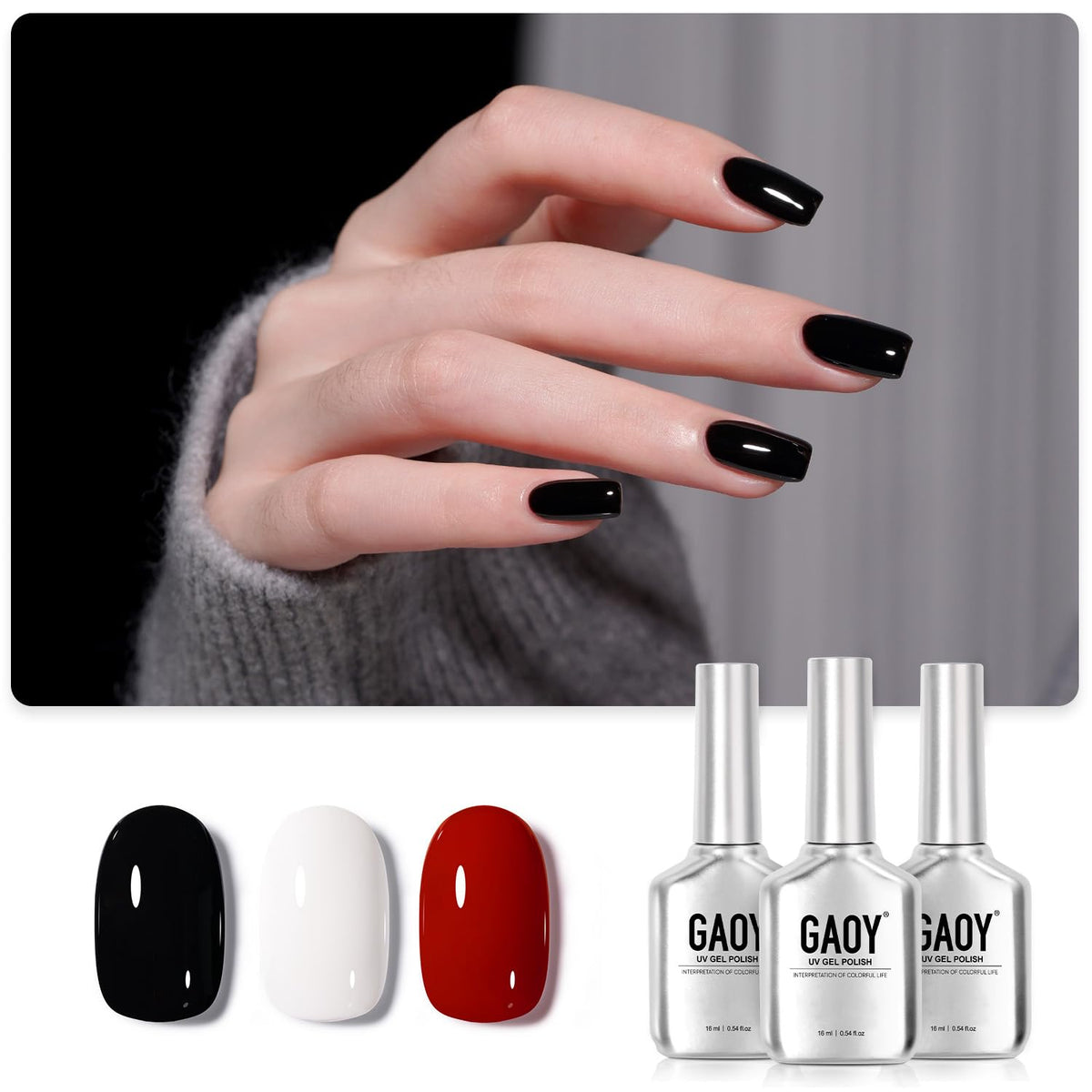 GAOY Gel Nail Polish Kit with three bottles in white, red, and black