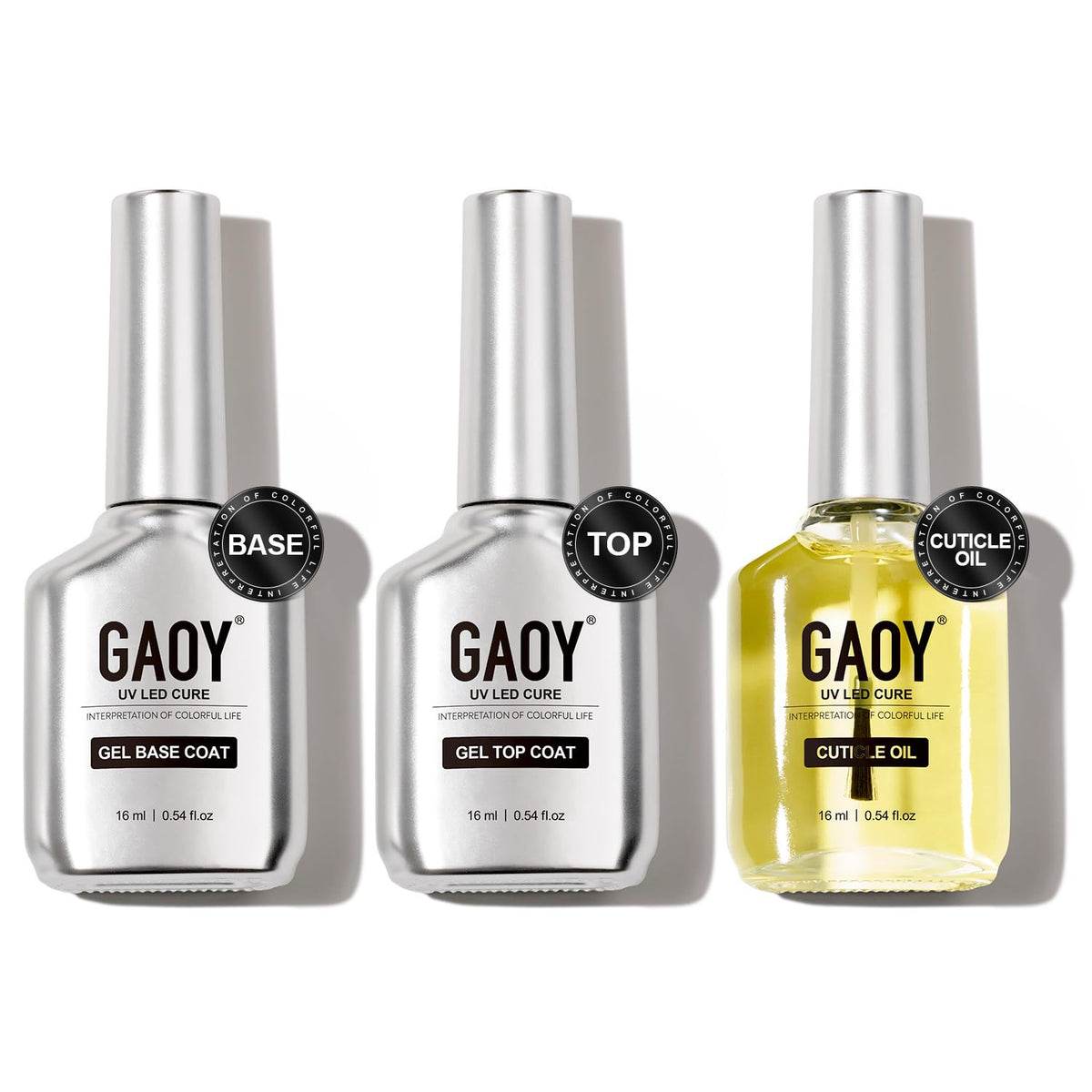 GAOY Gel Top Coat, Base Coat and Cuticle Oil Set with three 16ml bottles