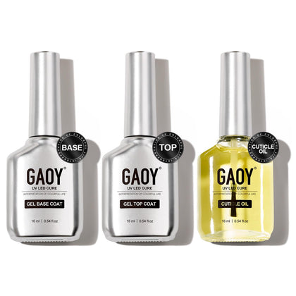 GAOY Gel Top Coat, Base Coat and Cuticle Oil Set with three 16ml bottles