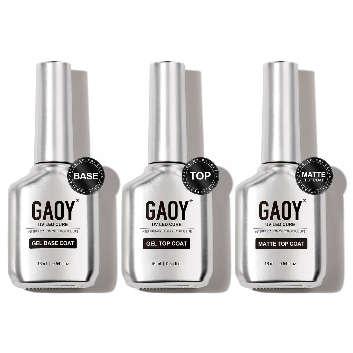 GAOY Gel Top Coat Set 16ml bottles with chrome silver design
