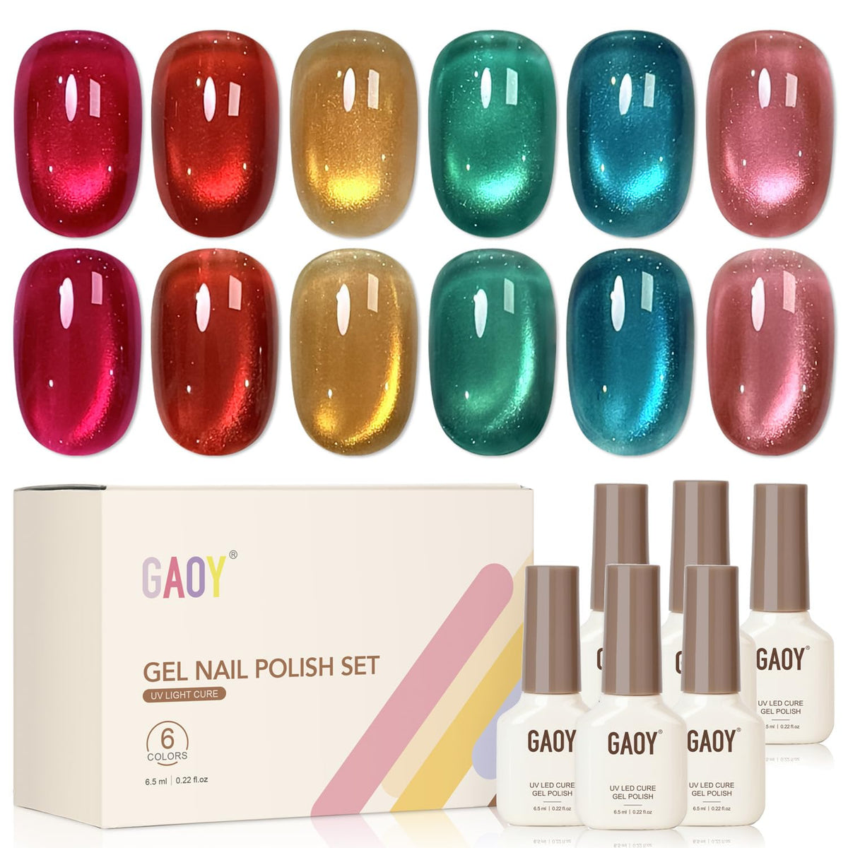 GAOY Glass Cat Eye Gel Nail Polish Set 6 Colours front view