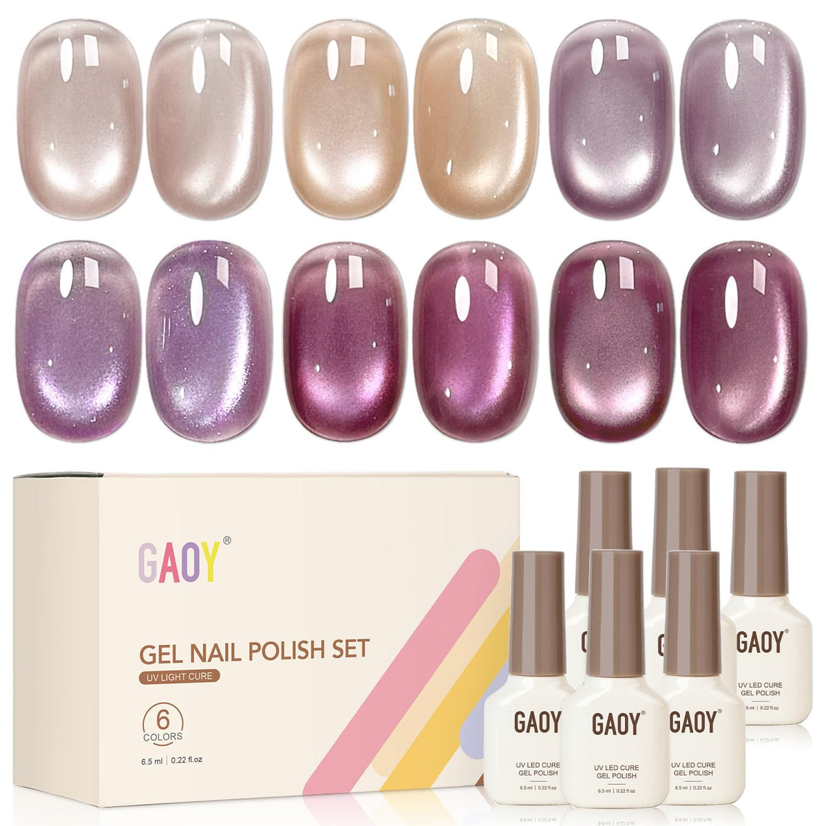 GAOY Glitter Cat Eye Gel Nail Polish Set 6 Colours front view