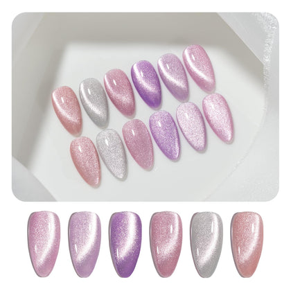 GAOY Glitter Purple Cat Eye Gel Nail Polish Set front view with six colours