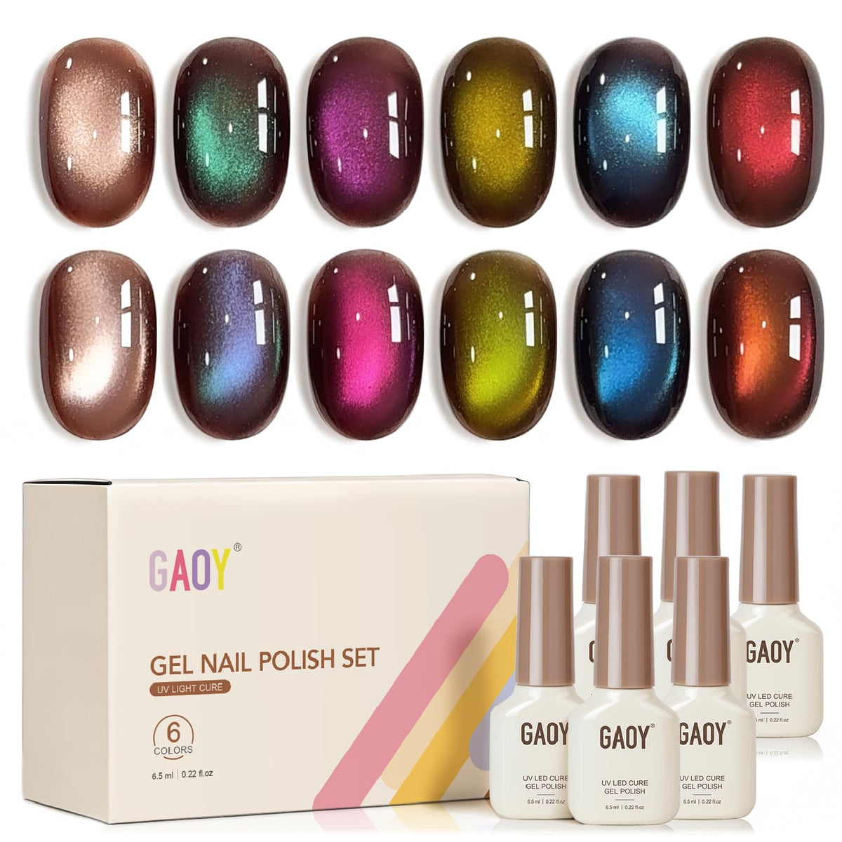 GAOY Iridescent Cat Eye Gel Nail Polish 6 colours set front view