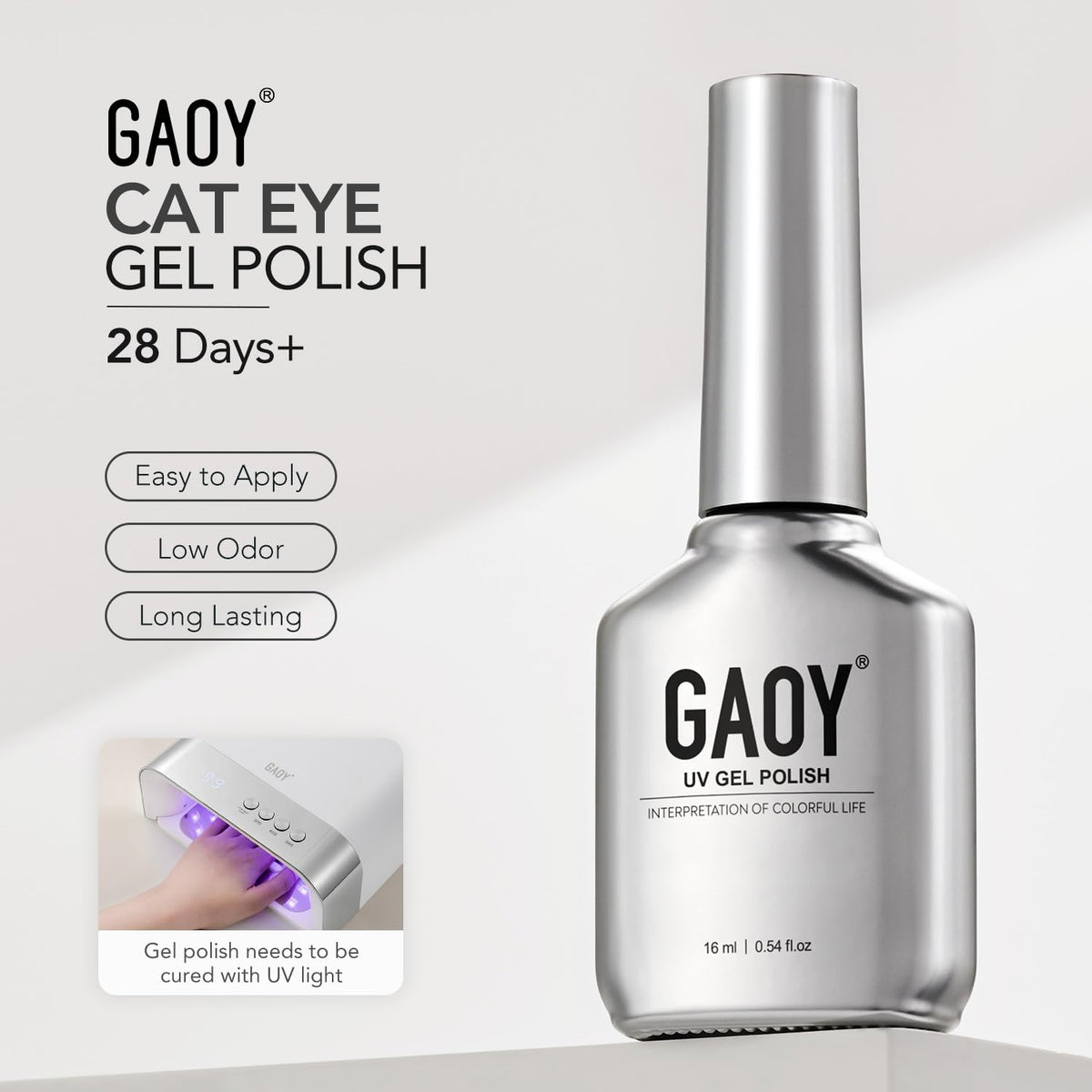 GAOY Jelly Black Cat Eye Gel Nail Polish 16ml in use with UV light