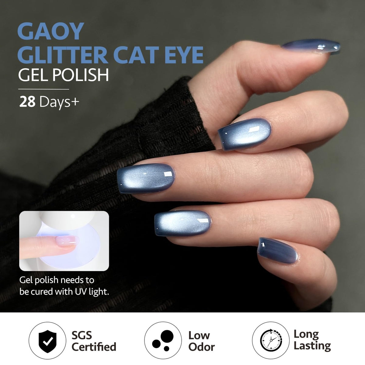 GAOY Jelly Blue Cat Eye Gel Nail Polish applied on nails