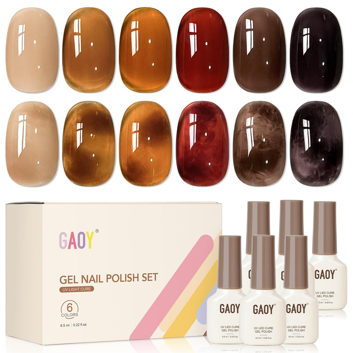 GAOY Jelly Brown Tortoise Gel Nail Polish Set front view with six bottles