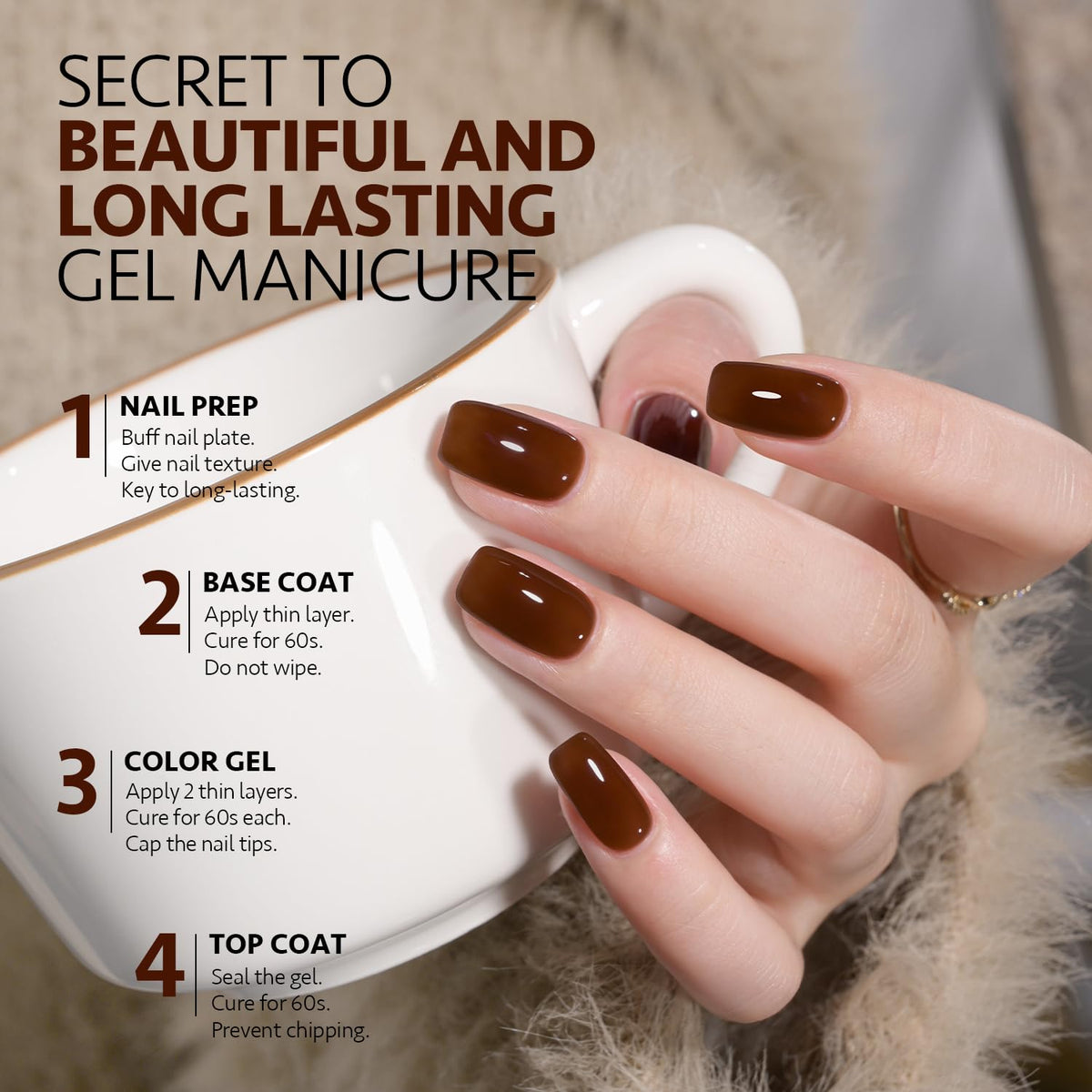 GAOY Jelly Nude Gel Nail Polish 16ml sheer dark brown on nail art display