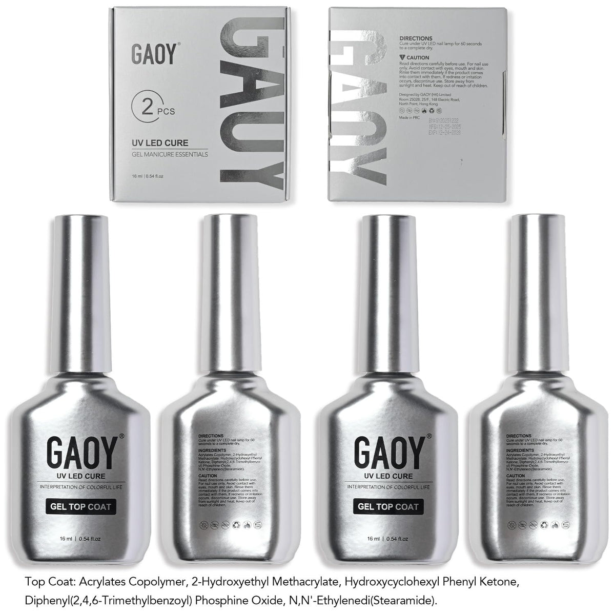 GAOY No Wipe Gel Top Coat bottles displayed with nail tools