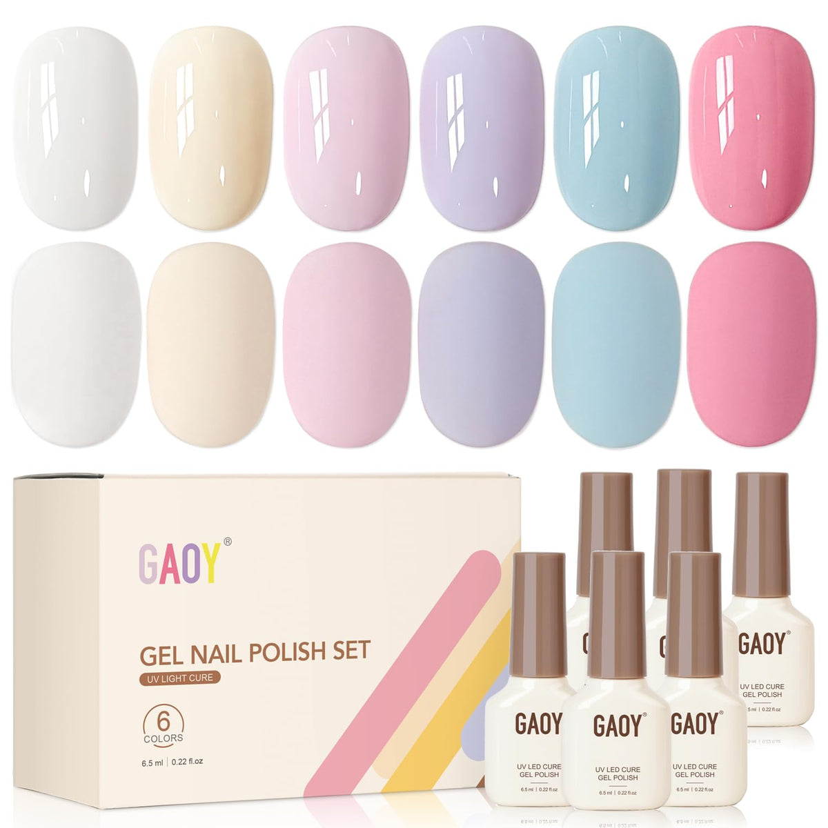 GAOY Pastel Gel Nail Polish Set with six colours front view