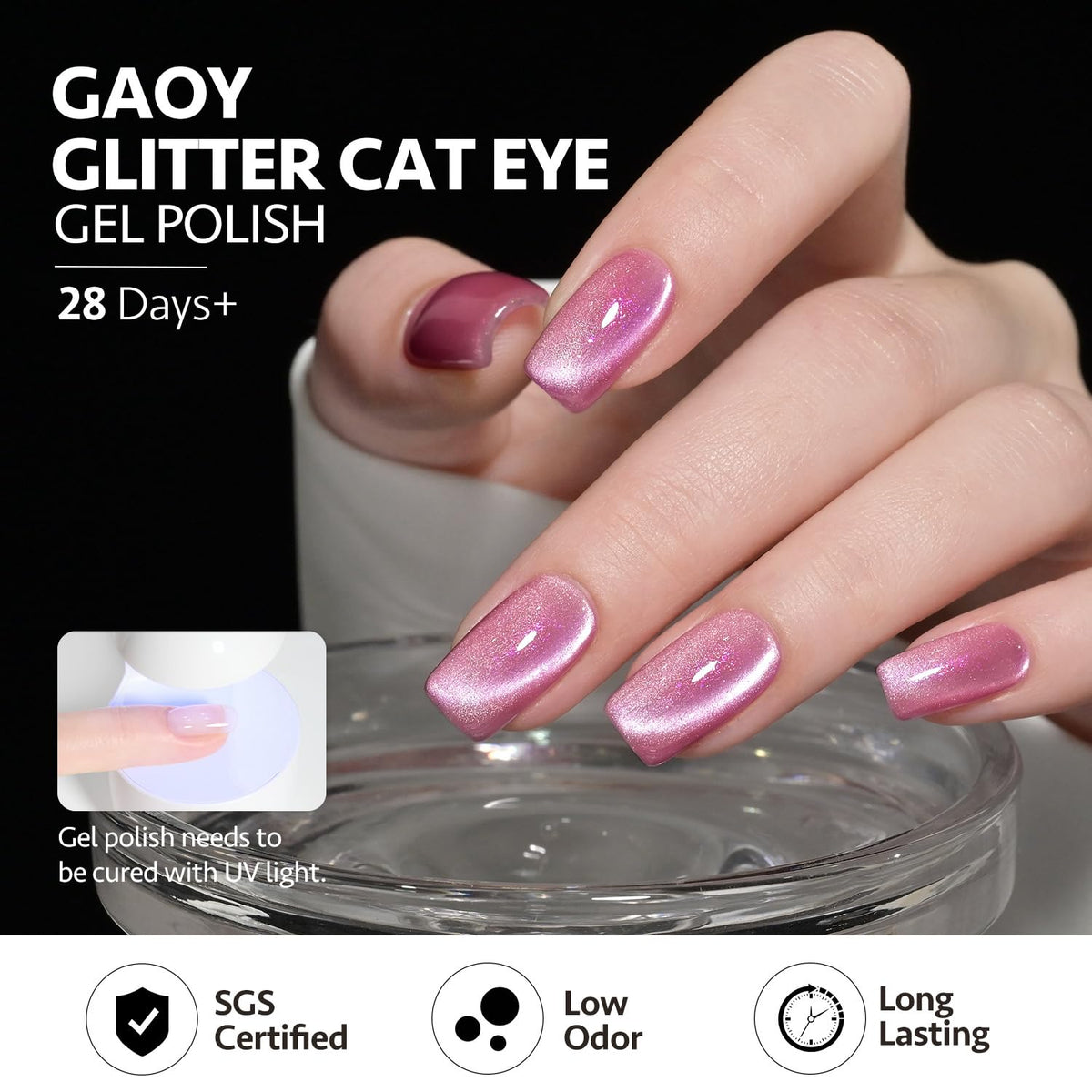 GAOY Pink Cat Eye Gel Nail Polish glitter effect on nails