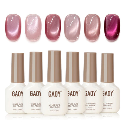 GAOY Pink Cat Eye Gel Nail Polish Set with six colours and magnet