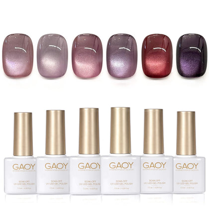 GAOY Purple Glitter Cat Eye Gel Polish Set with six colours and magnet