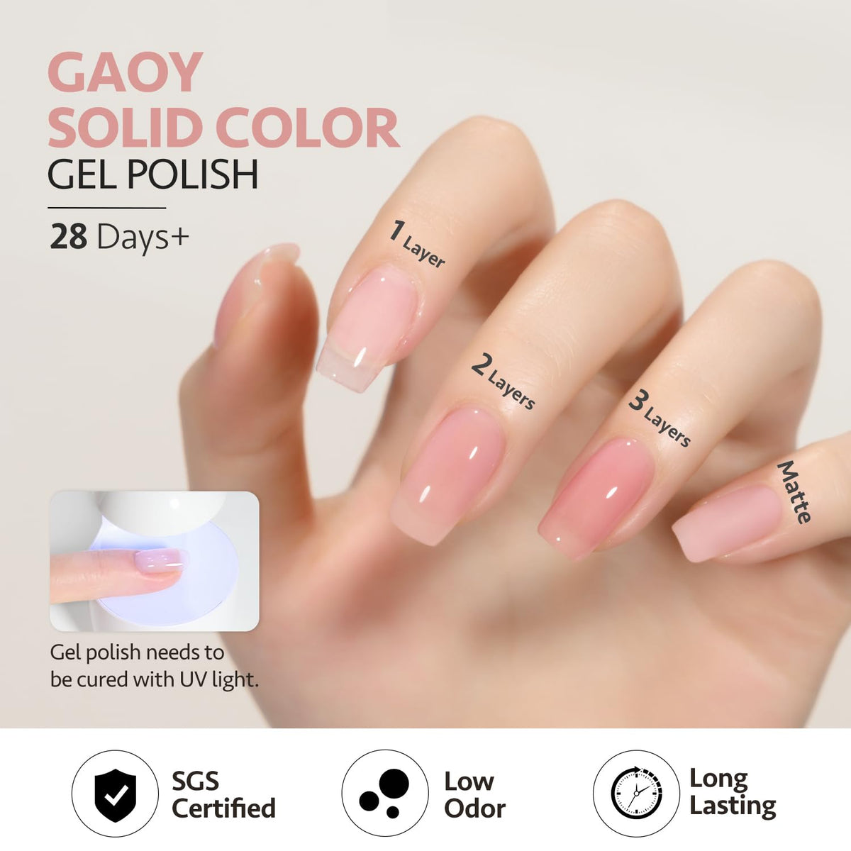 GAOY Sheer Pink Nude Gel Nail Polish packaging with dimensions
