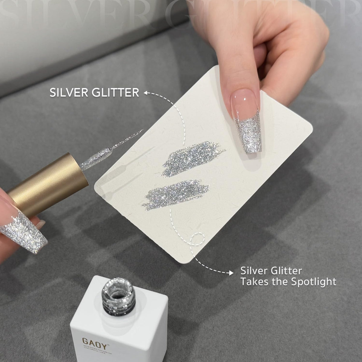 GAOY Silver Glitter Gel Nail Polish in a nail art setup