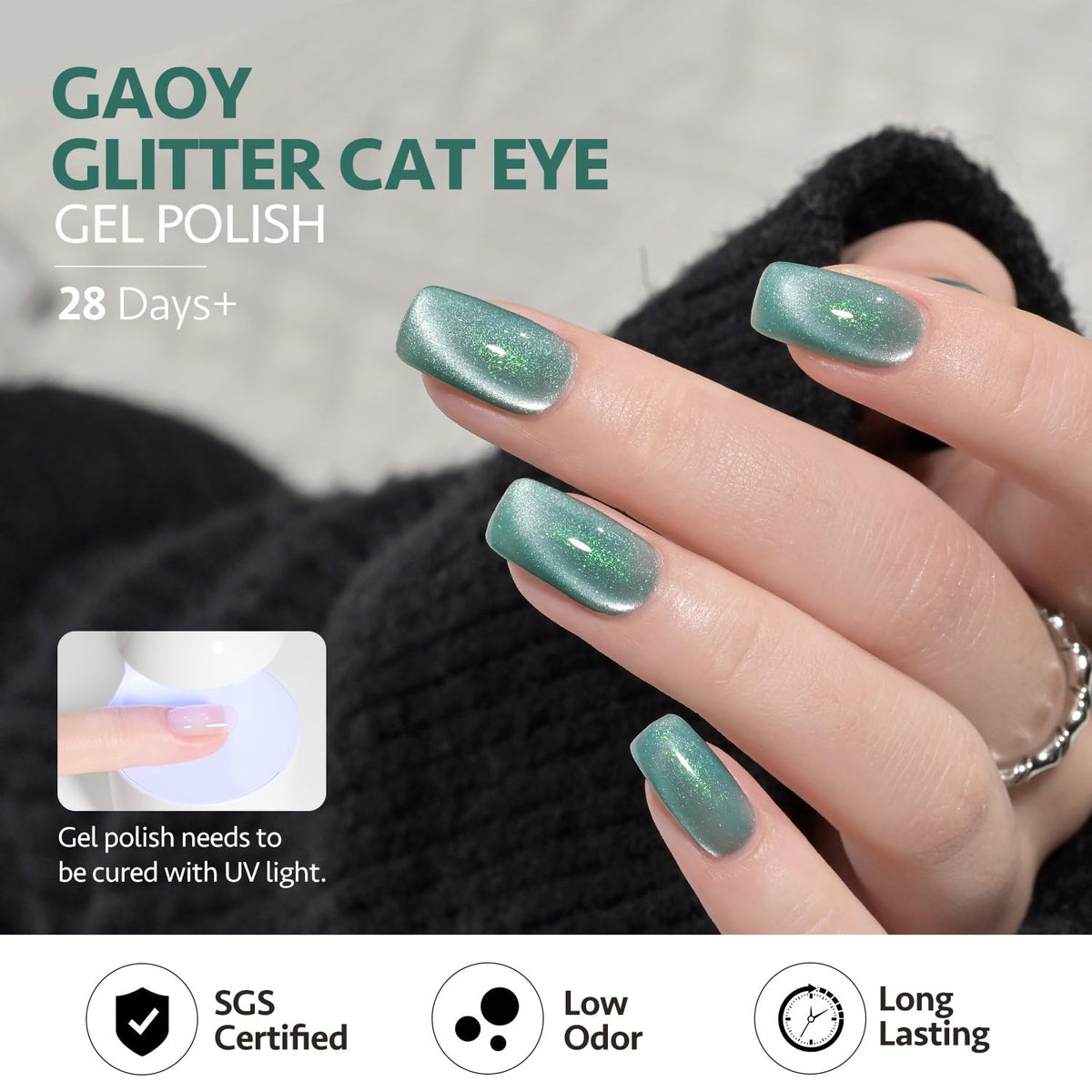 GAOY Teal Cat Eye Gel Nail Polish close-up of glitter