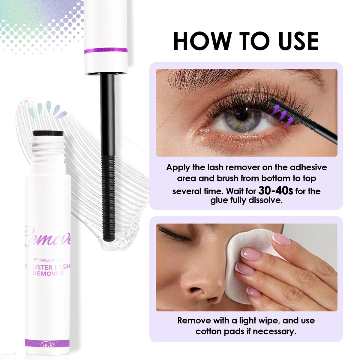 GAQQI Lash Cluster Remover 5ml with cotton pad for lash removal