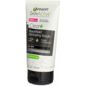 Garnier Clean Scrub Blackhead Eliminating 3 Pack 145ml on bathroom shelf