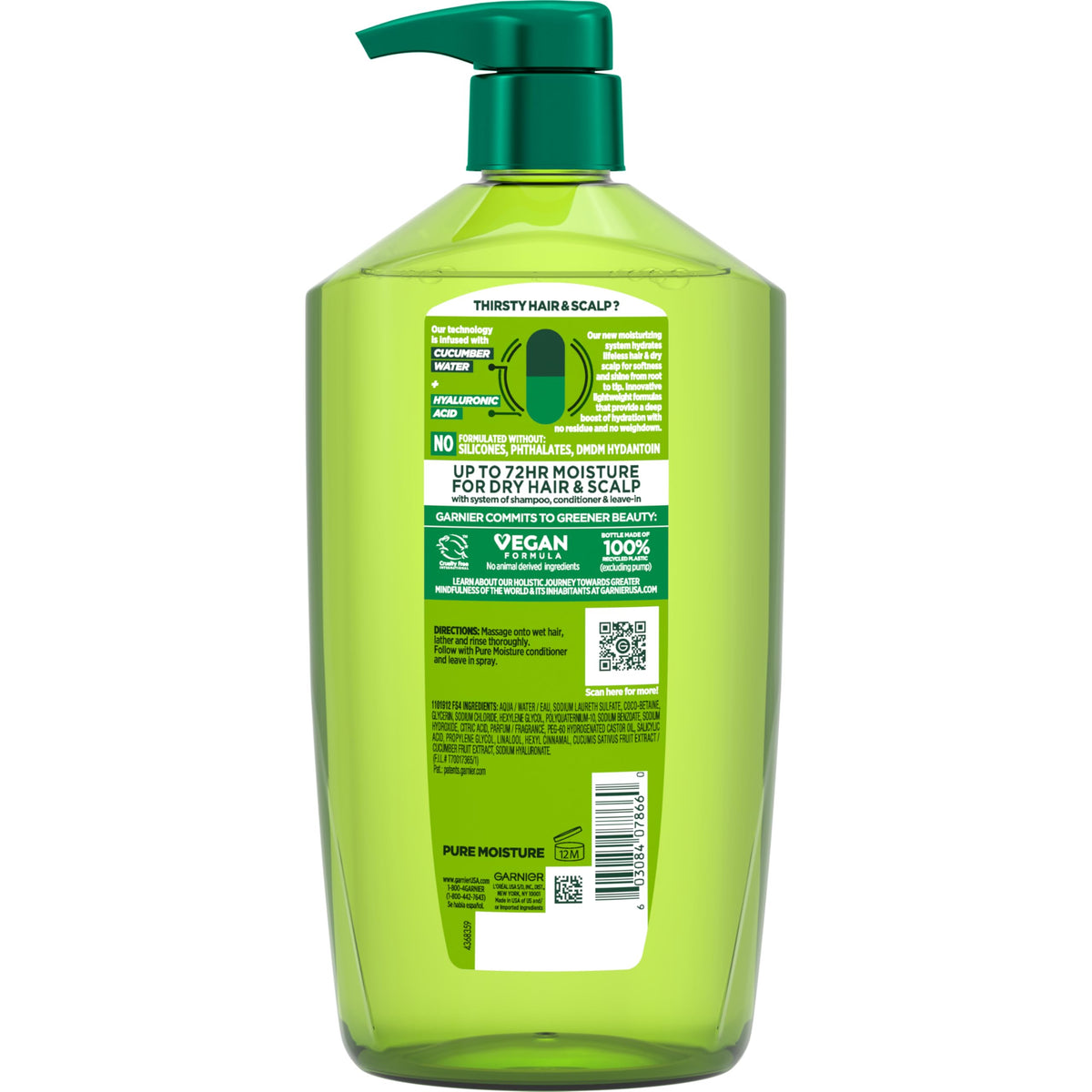 Garnier Fructis Pure Moisture Hydrating Shampoo 33.8 Fl Oz on bathroom shelf
