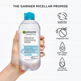 Garnier Micellar Water 400ml packaging on a bathroom counter