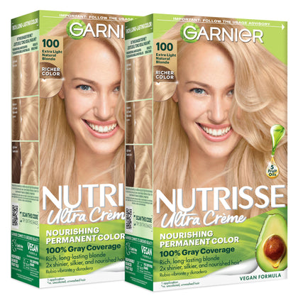 Garnier Nutrisse Ultra Crème Hair Colour box front view, 100 Extra-Light Natural Blonde