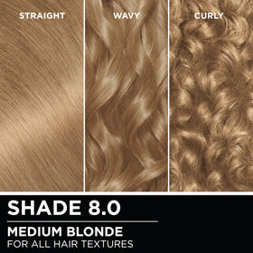 Garnier Olia Hair Colour 8.0 Medium Blonde gloves and instruction sheet