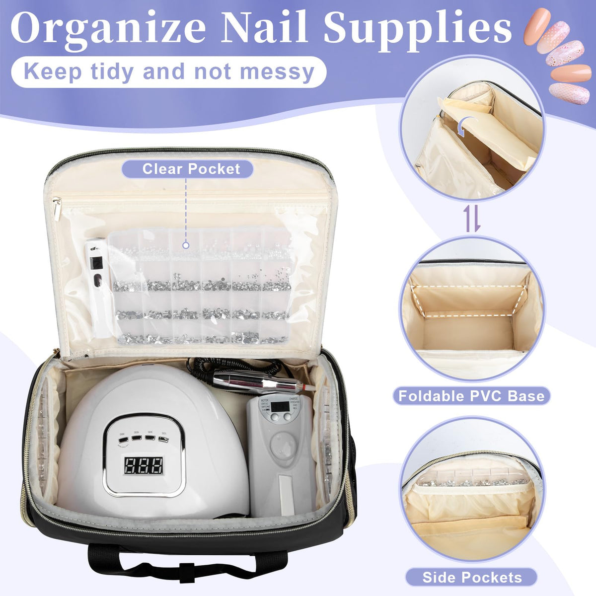 GDNasist nail polish organizer side view showing compartments