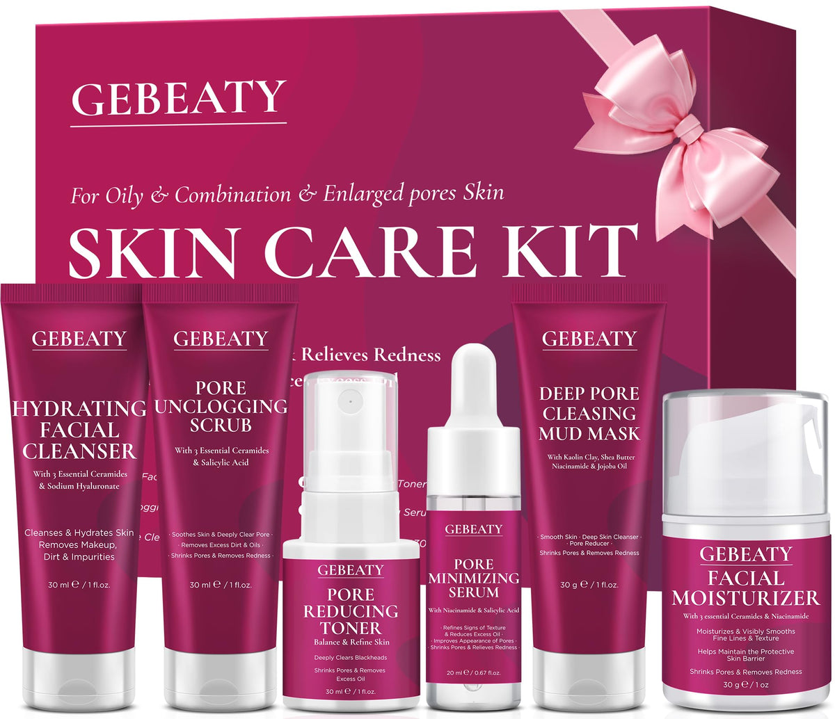 GEBEATY 6 PCS Skin Care Set including cleanser, toner, serum, moisturiser, scrub, and mask