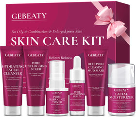GEBEATY 6 PCS Skin Care Set including cleanser, toner, serum, moisturiser, scrub, and mask