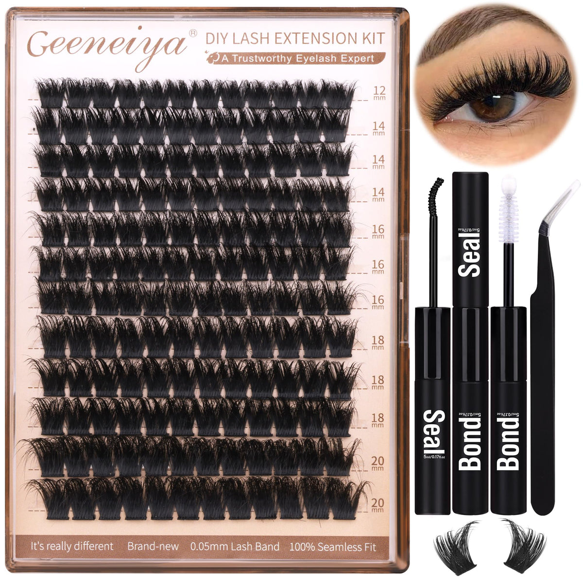 Geeneiya 200D Lash Clusters Kit front view with lash bond and tweezers