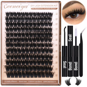 Geeneiya 200D Lash Clusters Kit front view with lash bond and tweezers