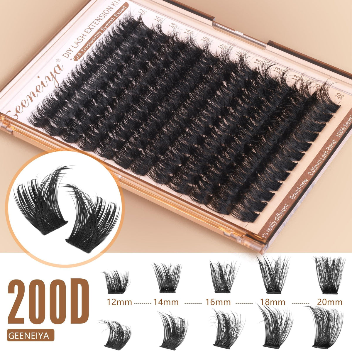 Geeneiya lash bond and seal packaging next to lash clusters