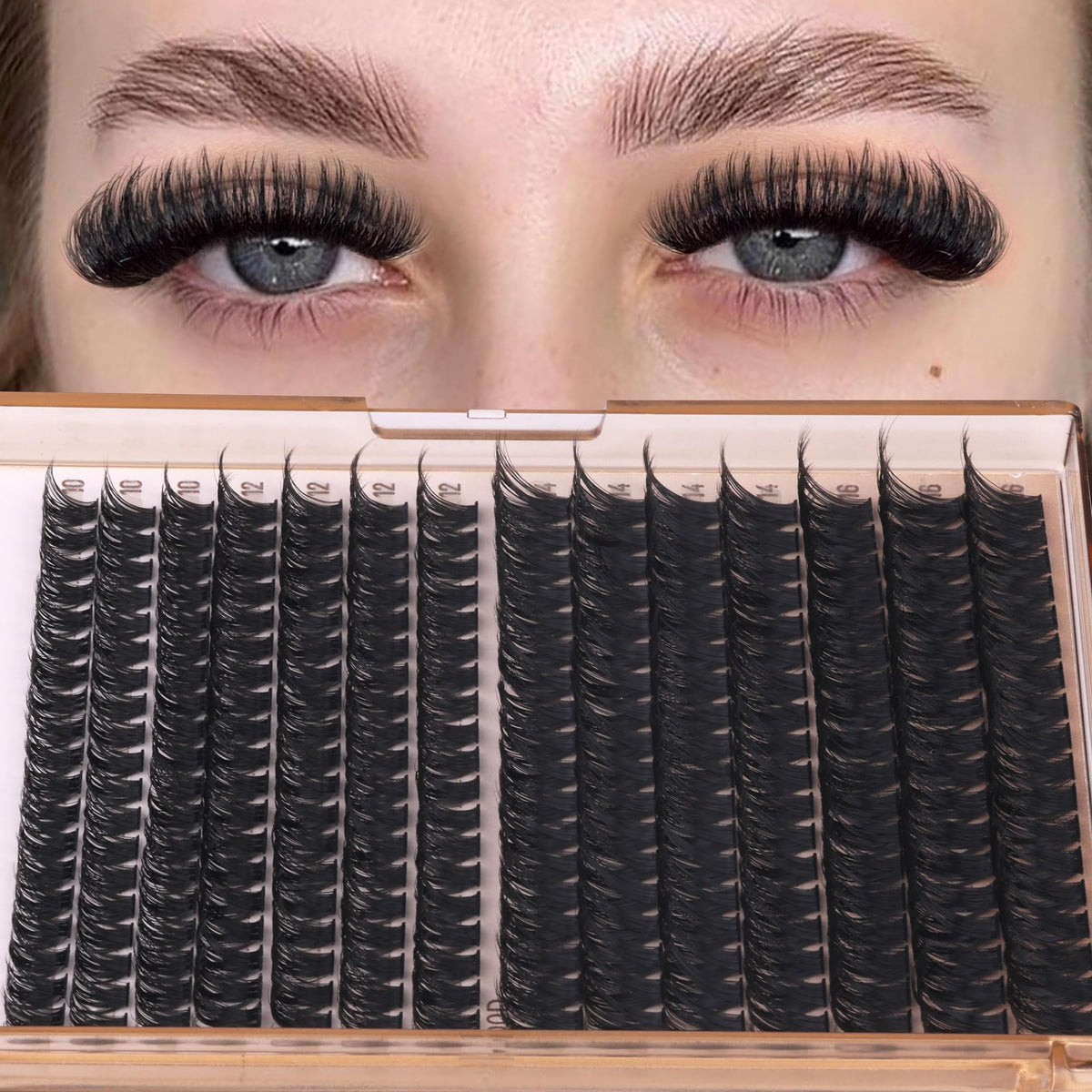 Geeneiya lash clusters in use on model's eyes