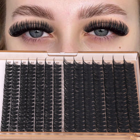 Geeneiya lash clusters in use on model's eyes
