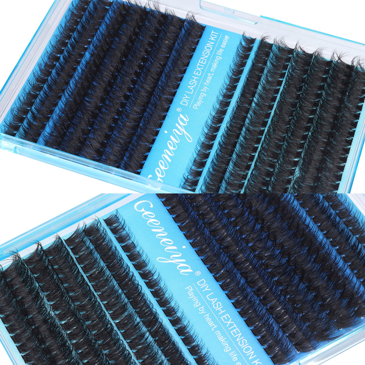 Geeneiya lash clusters in various styles on a model