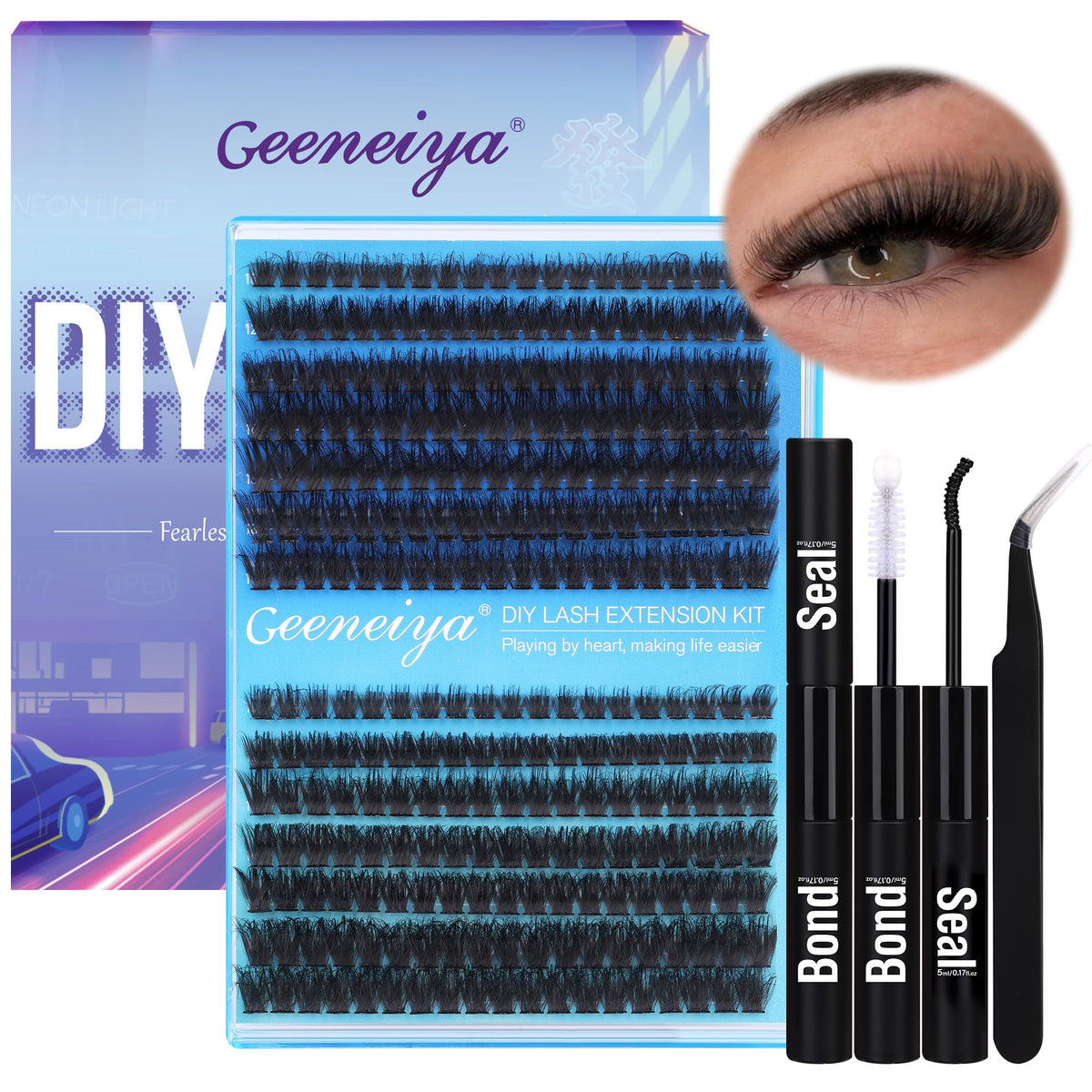 Geeneiya Thick Lashes Extension Kit with 280 cluster lashes and tools