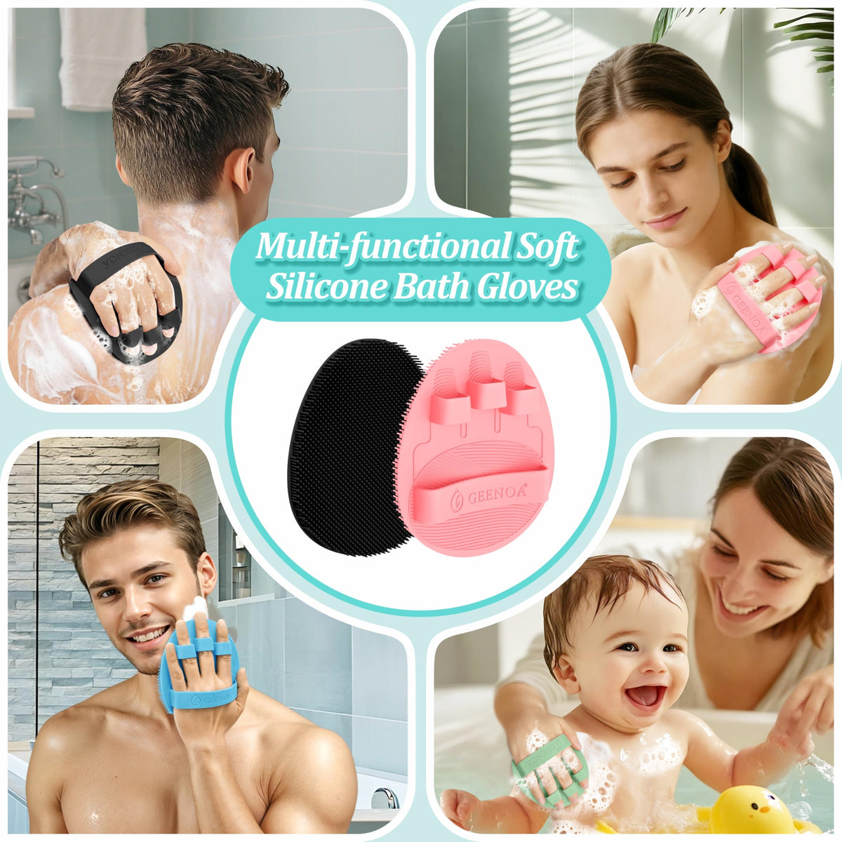 GEENOA Silicone Body Scrubber showing 360° anti-slip design