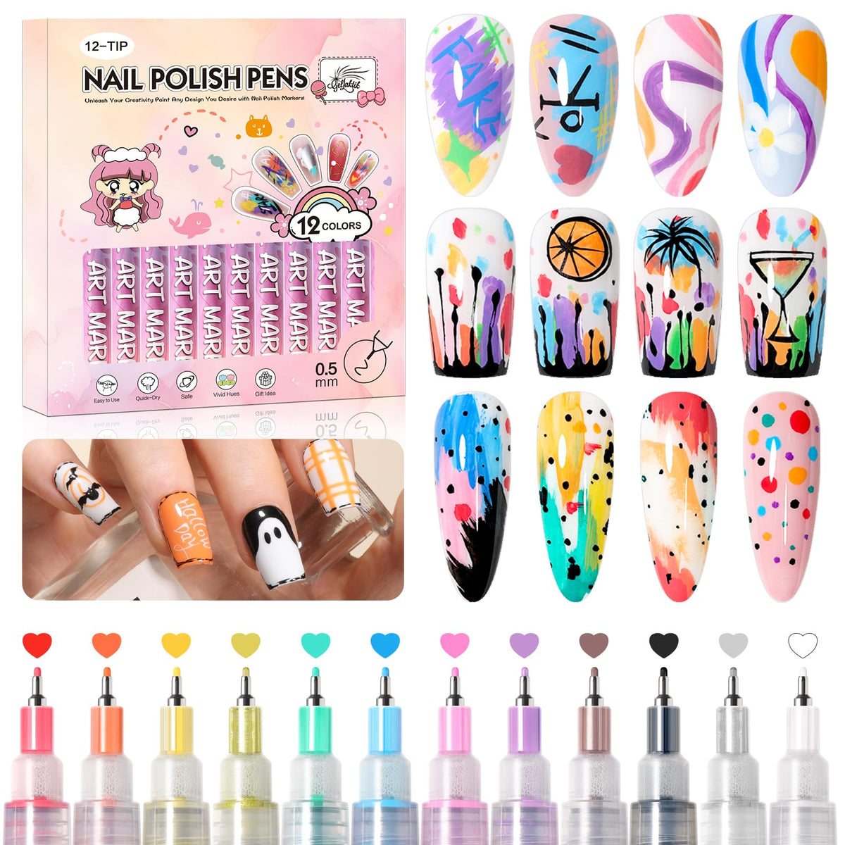 GELLAKTIK Nail Art Pens Set 12 colours front view