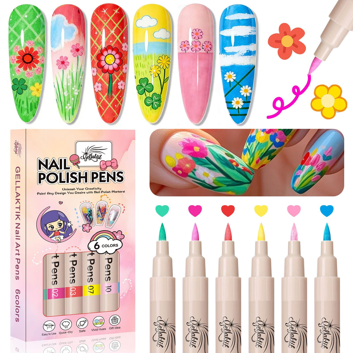 GELLAKTIK Nail Art Pens Set with 6 vibrant colours