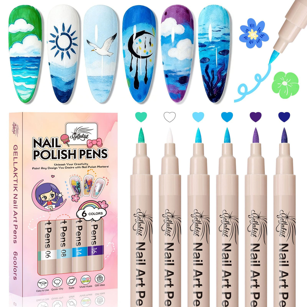 GELLAKTIK Nail Art Pens set with 6 vibrant colours