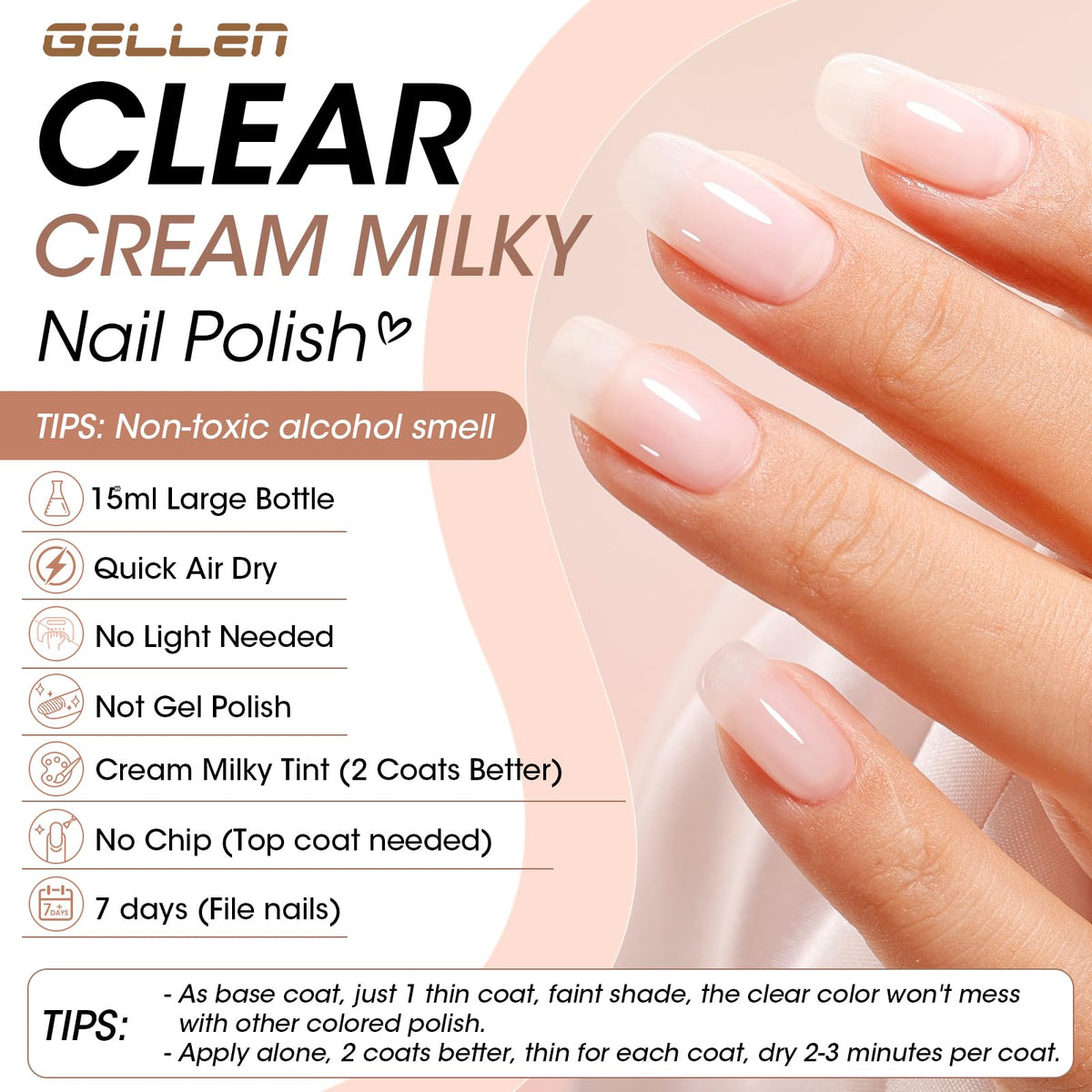 GELLEN 4 In 1 Clear Nail Polish Base Coat application on nails