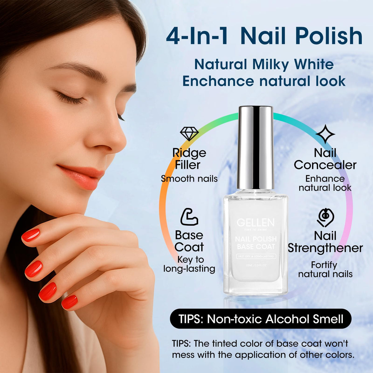 GELLEN Clear Nail Polish Base Coat applied on nails